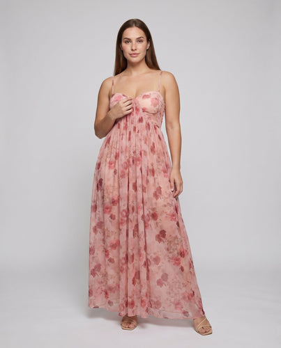 Damen Chiffon-Maxikleid Corsagenoberteil Florale Transparenz
