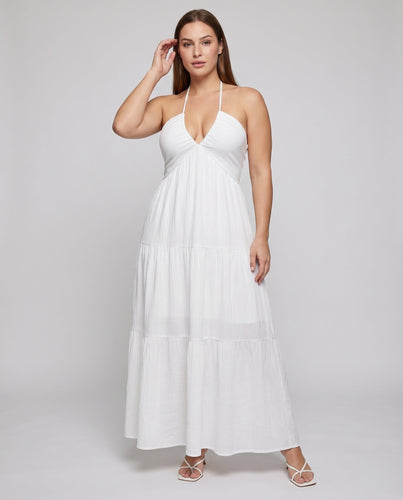 Damen Neckholder-Maxikleid Stufenrock V-Ausschnitt Luftig