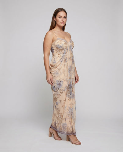 Damen Drapé-Bustierkleid Korsage Floralprint Bodenlang