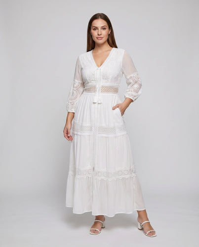 Damen Boho-Langkleid Gehäkelte Taille Ballonärmel V-Ausschnitt