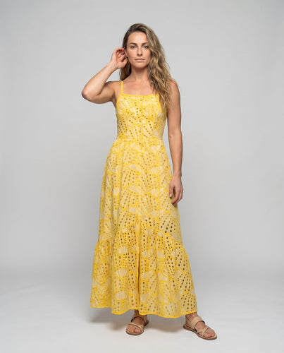 Damen Broderie-Mix Kleid Unterbrustband Geflochtene Träger Bodenlang