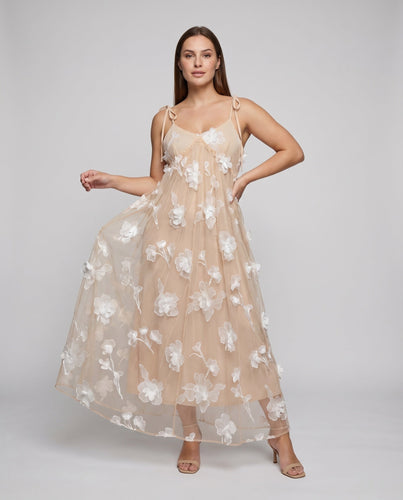 Damen Maxikleid Tüllüberwurf Blütenstickerei Bindeträger