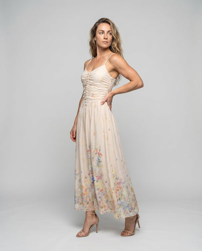 Damen Maxikleid Geraffte Corsage Bindeträger Floraler Saum