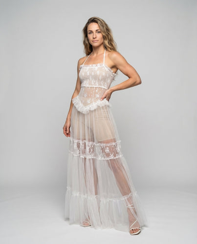 Damen Tüll-Abendkleid Korsagenbustier Spitzenapplikationen Stufenrock