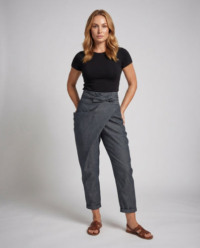 Damen elegante Wickelhose mit Seitenfalten und Bindegürtel