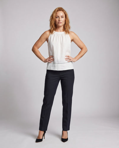 Damen luftiges Leinentop mit elegantem Stehkragen und feinen Details