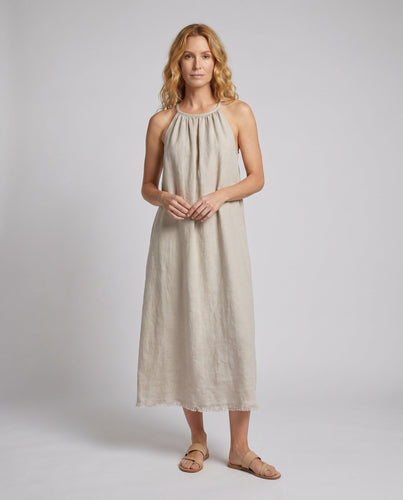 Damen luftiges Maxikleid aus hochwertigem Leinen mit verstellbaren Spaghettiträgern
