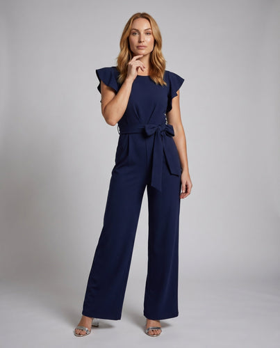 Damen Eleganter Jumpsuit mit Rüschenärmeln und Taillenbund Nord Taschen
