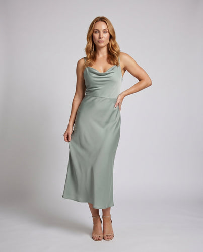 Damen elegantes Satin-Kleid mit schickem V-Ausschnitt und feinen Spaghettiträgern