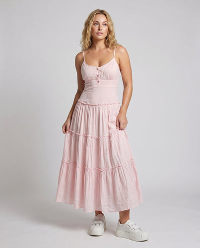 Damen Maxikleid mit zarten Spaghettiträgern und elegantem Rüschen-Detail