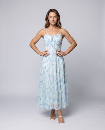 Damen Sommerliches Maxikleid mit zarten Spaghetti-Trägern und romantischen Rüschen