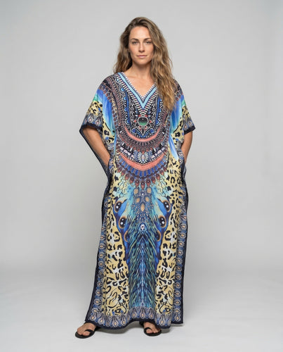 Damen Kaftan mit exotischem Tierdruck und auffälliger Stickerei