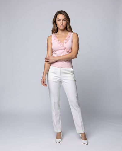 Damen nan figurbetontes Cami-Top mit dreidimensionaler Blütenapplikation und diagonalem Dekolleté
