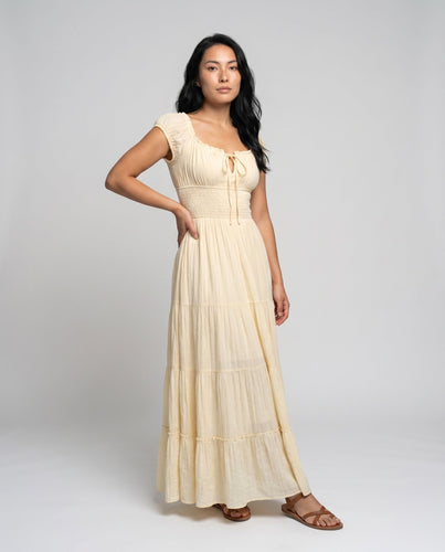 Damen nan romantisches Maxi-Stufenkleid mit Smoktaillen, vorderer Schnürung und Rüschenärmeln