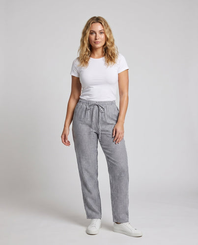 Damen gestreifte Leinenhose mit elastischem Bund und seitlichen Taschen