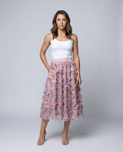 Damen Langer Tüllrock mit floralen Applikationen und transparenten Details
