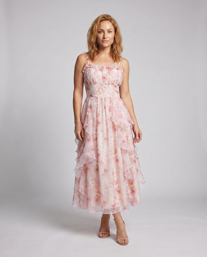 Damen Maxikleid mit fließendem Rock und verspielten Rüschendetails