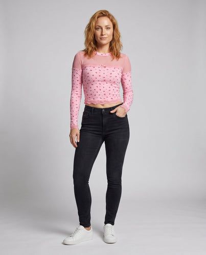 Damen Langarmshirt mit süßem Floral-Design und transparentem Oberteil