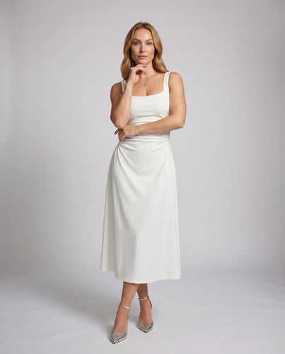 Damen elegantes und figurbetontes Midikleid mit verstellbaren Spaghettiträgern und raffinierten Details