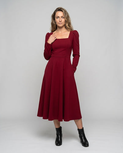Damen Midi-Kleid mit quadratischem Ausschnitt und Puffärmeln
