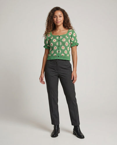 Damen Häkelbluse mit Knopfleiste und floralen Mustern