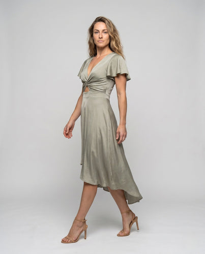 Damen elegantes Wickelkleid mit asymmetrischem Saum und femininen Ärmeln