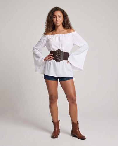 Damen Off-Shoulder Bluse mit weitem Ärmel und figurbetonendem Taillengürtel Nord Taschen