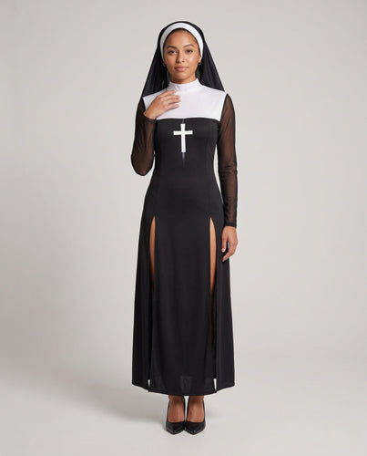 Damen sexy Nonnenkostüm mit durchsichtigen Ärmeln und zarten Kreuz-Verzierungen Nord Taschen