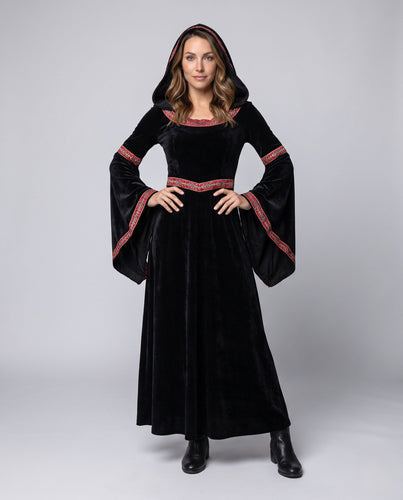 Damen Elegantes Kapuzenkleid mit weiten Ärmeln und aufwendigen Verzierungen Nord Taschen