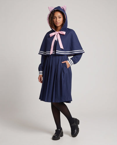 Damen Kapuzenkleid mit Katzenohren und gestreiftem Kragen Nord Taschen