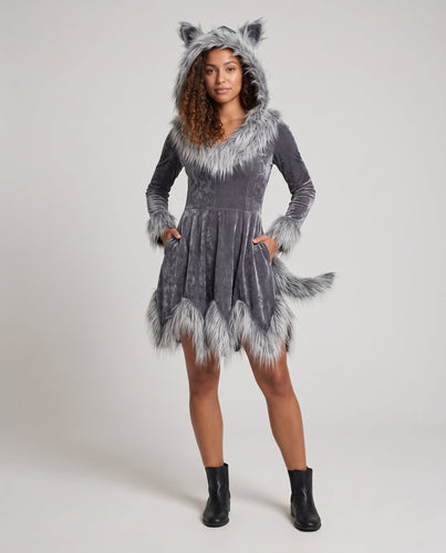 Damen Kuscheliges Fleece-Kleid mit elegantem Pelzkragen Nord Taschen