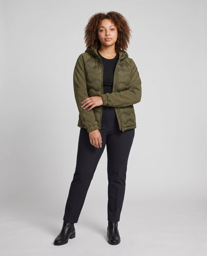 Damen gesteppte Hybrid-Hoodie-Jacke mit Fleece-Ärmeln, elastischen Bündchen und Wellensteppung