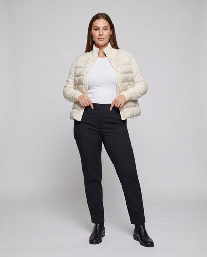 Damen kurze Stepp-Hybridjacke mit weichen Strickärmeln, Stehkragen und Druckknopfverschluss