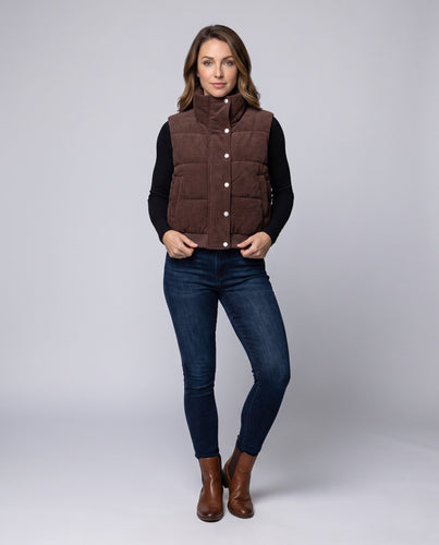 Damen kurze Cord-Velours gesteppte Weste mit hohem Schalkragen und Druckknopfblende