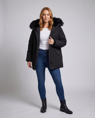 Damen kurze thermisch isolierte Kapuzenparka im boxy Schnitt mit abnehmbarem Kunstfellbesatz und multifunktionalen Taschen