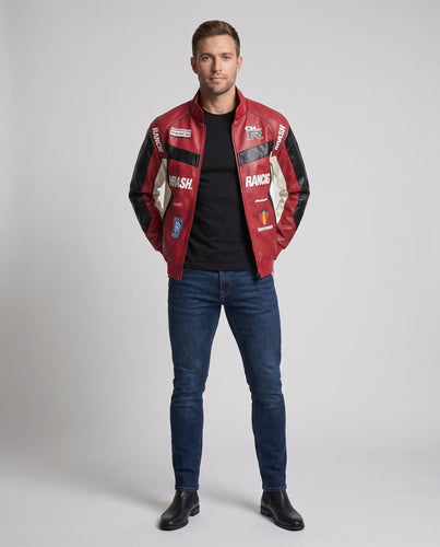 Herren-Rennfahrer-inspiriierte Kunstlederjacke mit Logo-Prints und Stehkragen