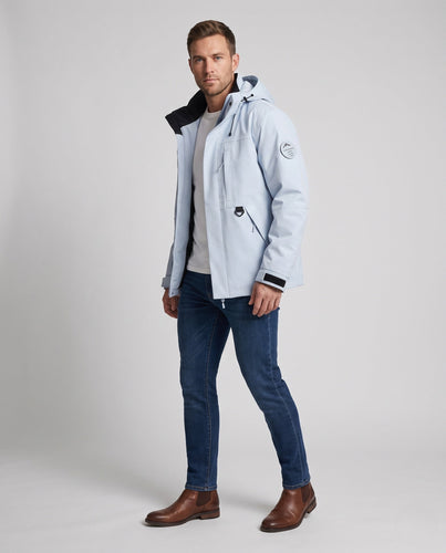 Herren technische, wind- und wasserabweisende Kapuzenjacke mit verdecktem Frontverschluss und mehreren Reißverschlusstaschen