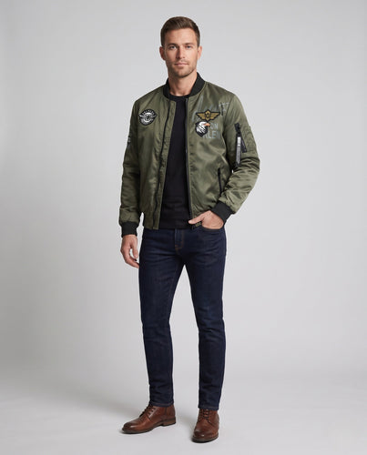 Herren Pilot Bomberjacke im Flugstil mit bestickten Patches und Reißverschlusstaschen