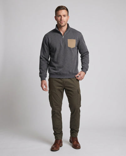 Herren Halb-Zip Sweatshirt mit Stehkragen, Kunstleder-Brusttasche und sportlichem Schnitt Nord Taschen