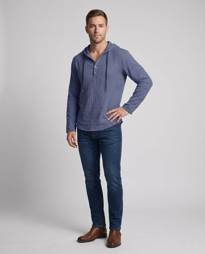 Herren Leichtgewicht Kapuzen-Henley-Shirt aus Baumwoll-Leinen-Mix mit Textur und Holzknöpfen Nord Taschen