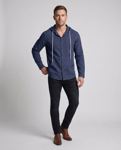 Herren Leichtgewicht Kapuzenhemd-Jacke im Leinen-Look mit Knopfleiste und Kängurutasche Nord Taschen