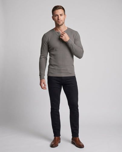 Herren Feinstruktur Henley mit geripptem Jersey, Rundhalsausschnitt und Knopfleiste Nord Taschen