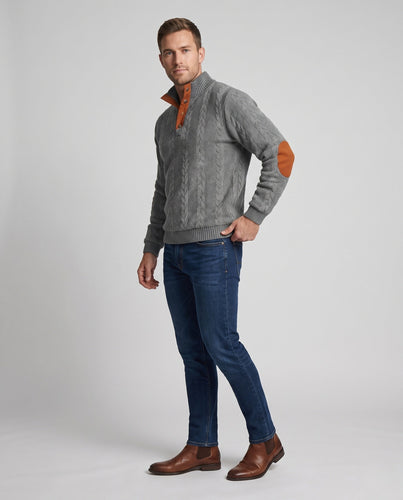 Herren-Kabelstrickpullover mit Halbcollar und Kunstlederbesatz Nord Taschen