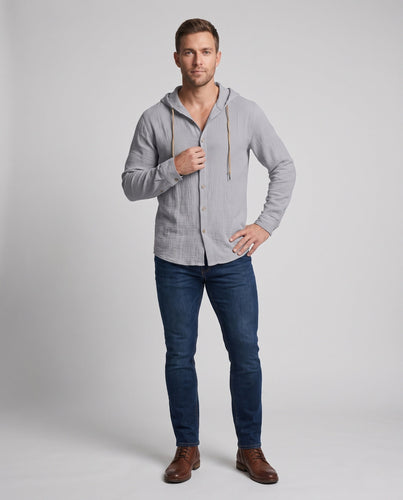 Herren Kapuzen-Leinenhemd im Relaxed Fit mit Knopfleiste und Kordelzug Nord Taschen