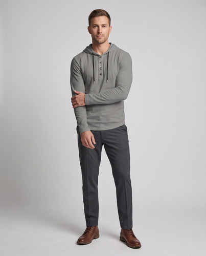 Herren Langarm-Hoodie mit Henley-Knopfleiste und Kordelzug Nord Taschen