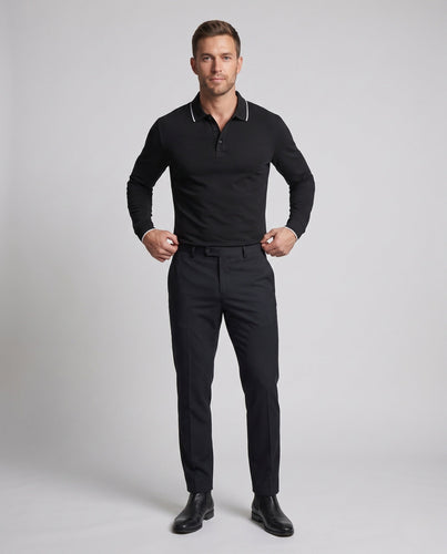 Herren Langarm-Polohemd aus Stretch-Piqué mit Slim Fit und Kontrastpipingen