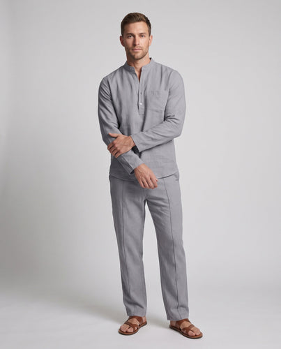 Herren Casual Leinenmischung Set mit Stehkragen Henley und entspannten Faltenhosen Nord Taschen