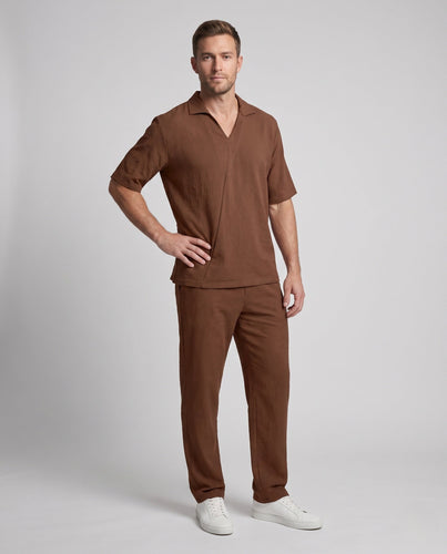 Herren Casual Leinen-Look Loungewear Set mit offener V-Ausschnitt und geraden Loungehosen Nord Taschen