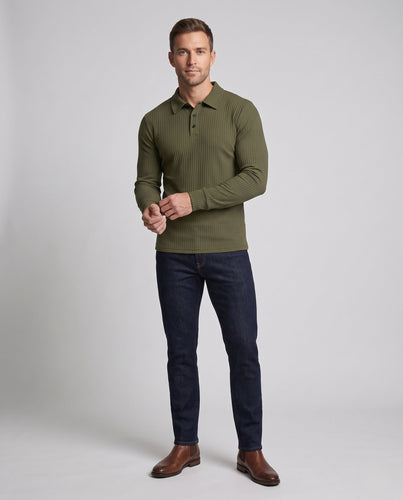 Herren Freizeit Langarm Polohemd aus feinem geripptem Jersey mit verdeckter Knopfleiste Nord Taschen