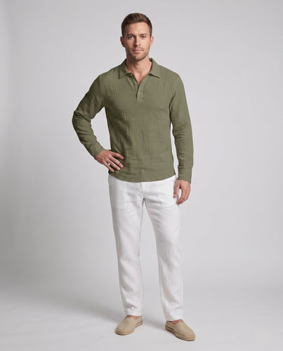 Leichtes Herren-Leinen-Optik Henley Polo-Shirt mit Hemdkragen und offener Knopfleiste Nord Taschen